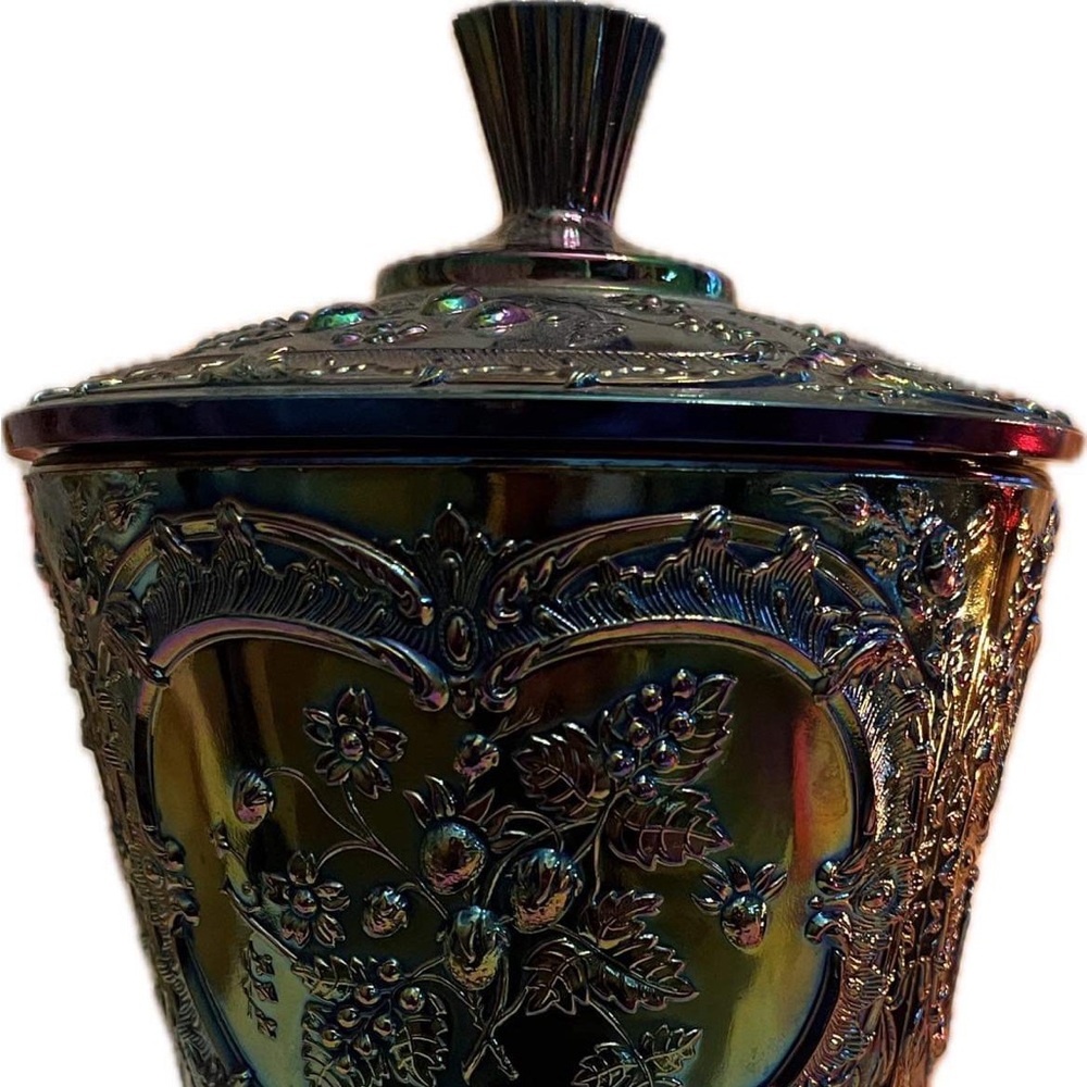 Fenton Amethyst Carnival Glass Wild Strawberry Candy Jar
